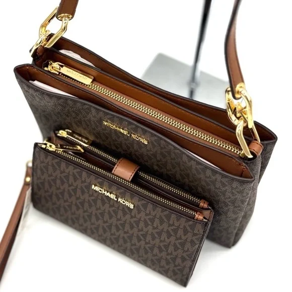 Michael Kors Trisha MD Triple Compartment Bag & Double Zip Wallet Set Brown - Picture 10 of 13